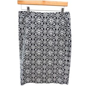 Talbots Pencil Skirt 4 Navy Blue White Floral Geometric Tile Lined Office NWT